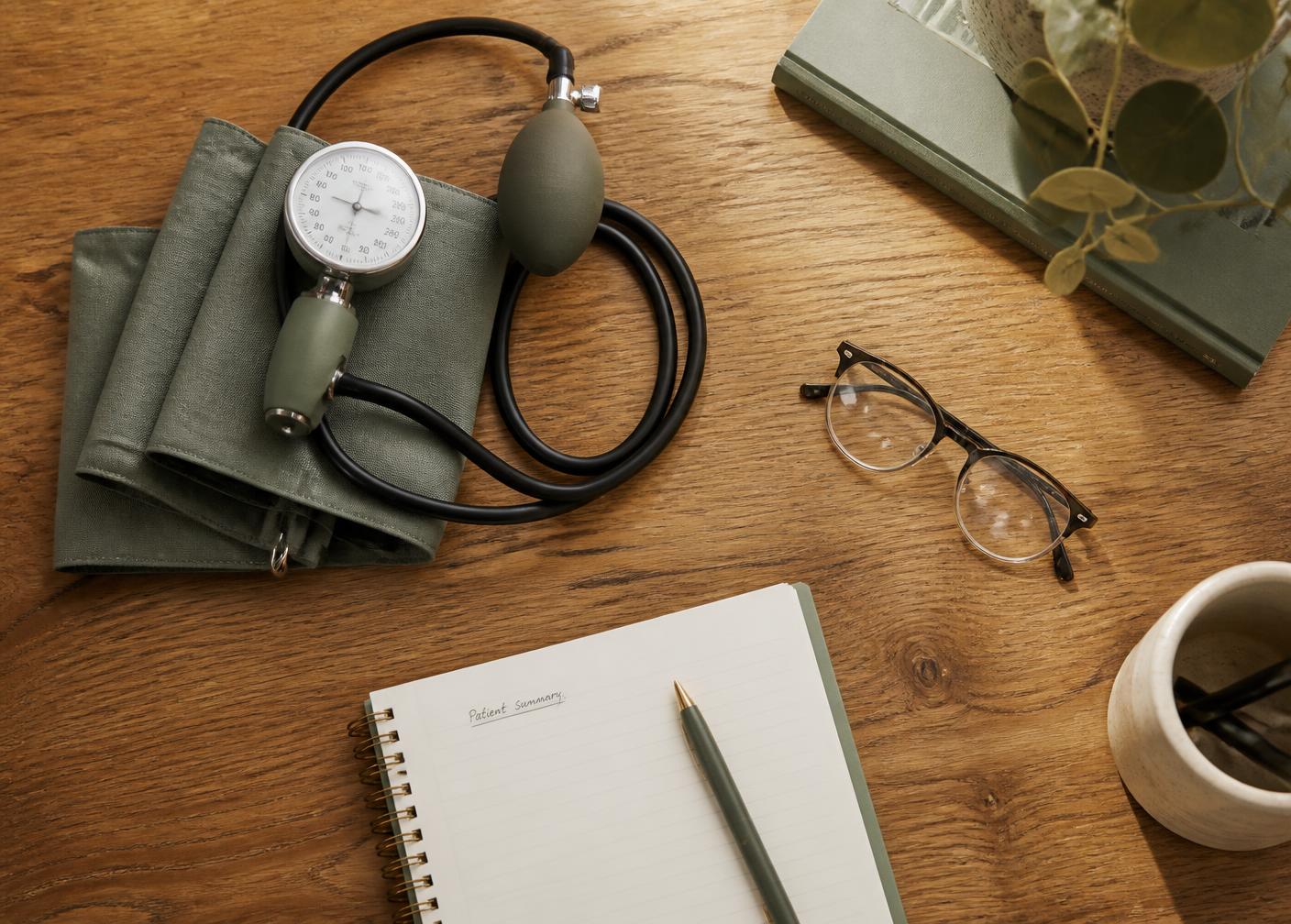 Blood pressure cuff, notebook and reading glasses on a wooden desk