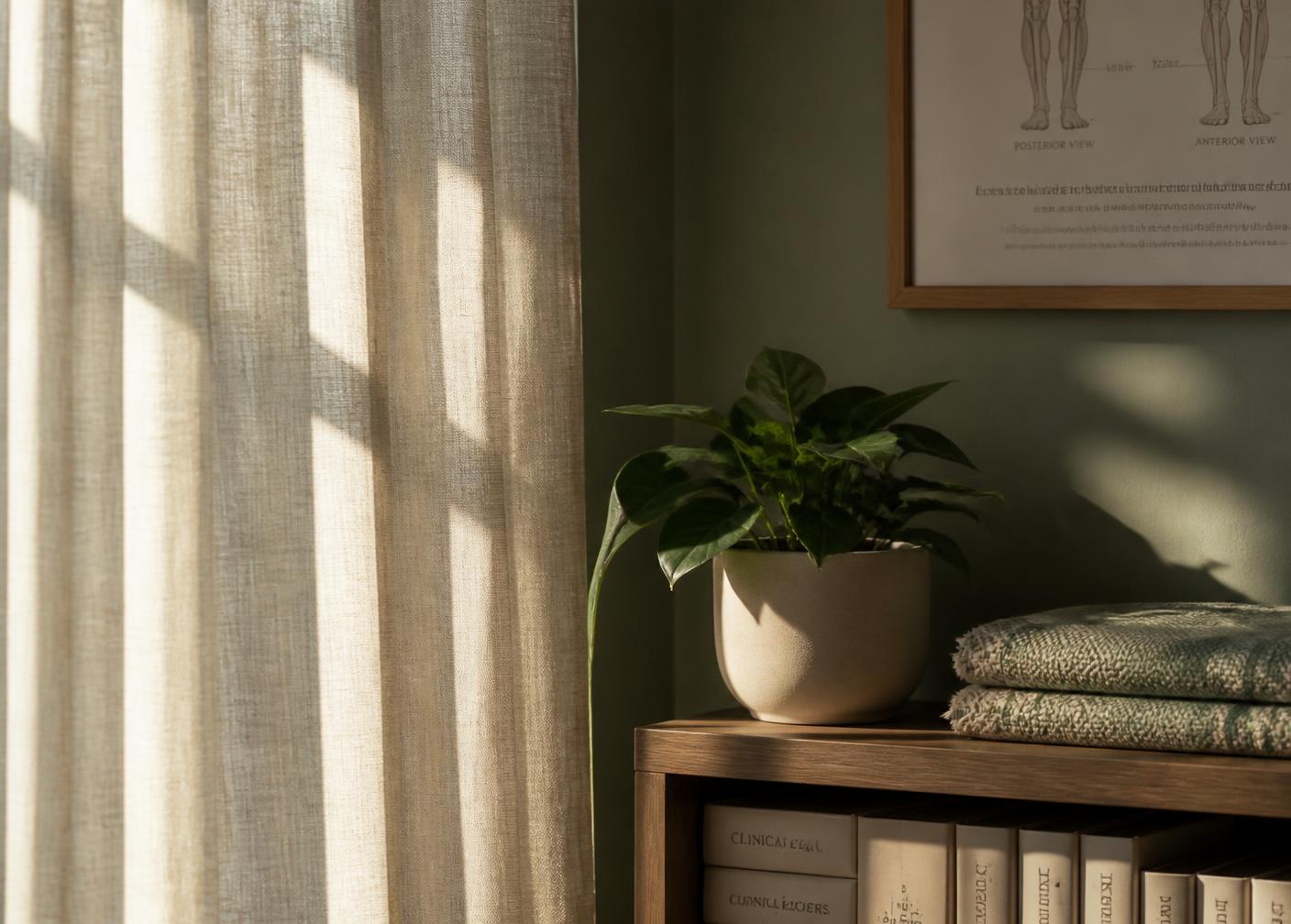 Daylight across a linen curtain and a shelf of clinical books