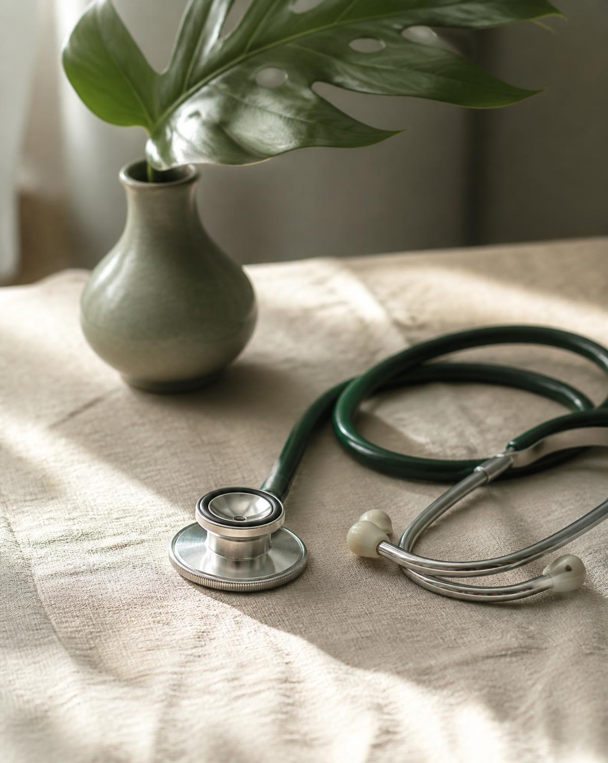 Stethoscope resting on a linen cloth beside a small ceramic vase