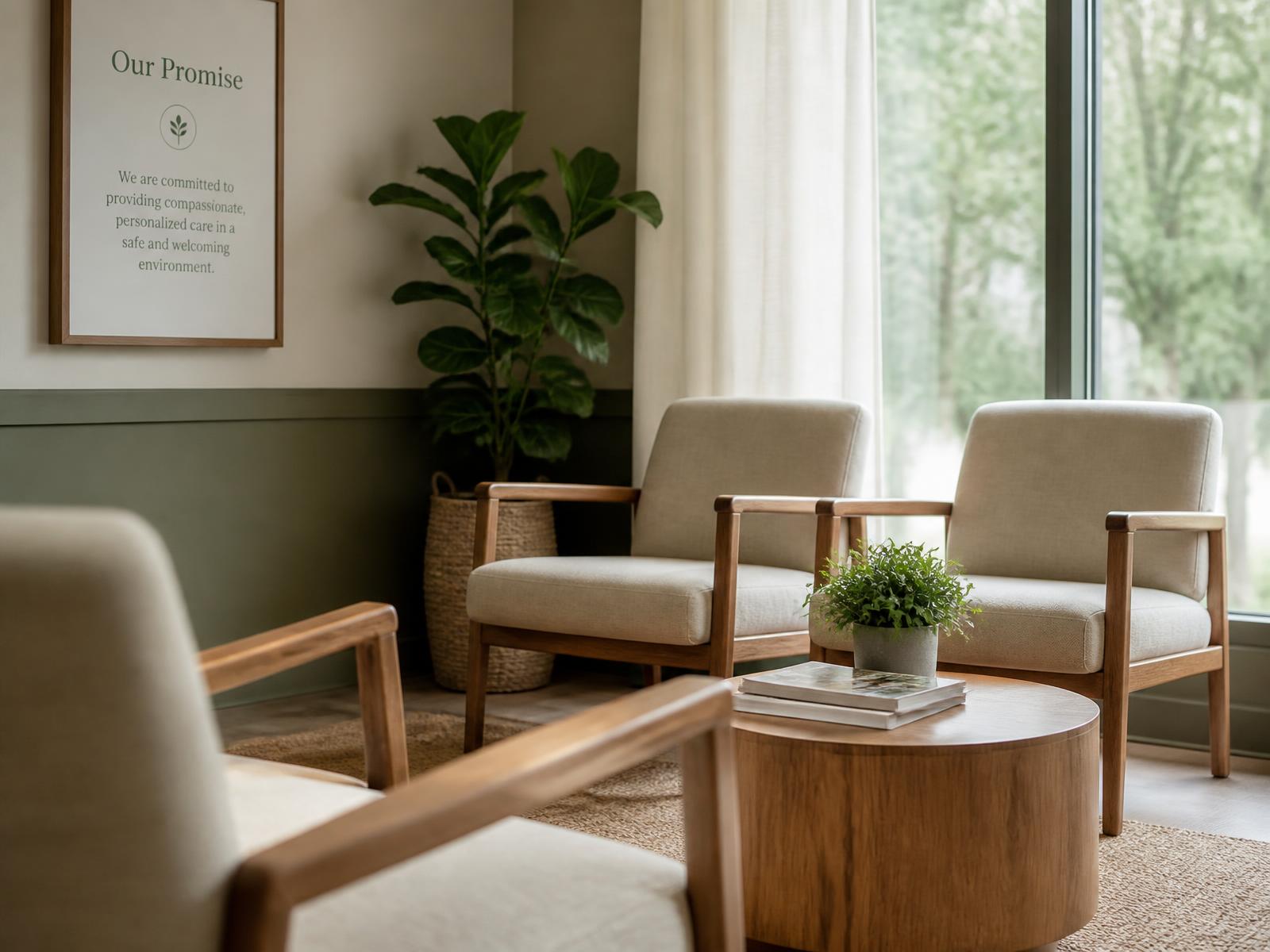 Waiting area with linen chairs, a plant and soft daylight